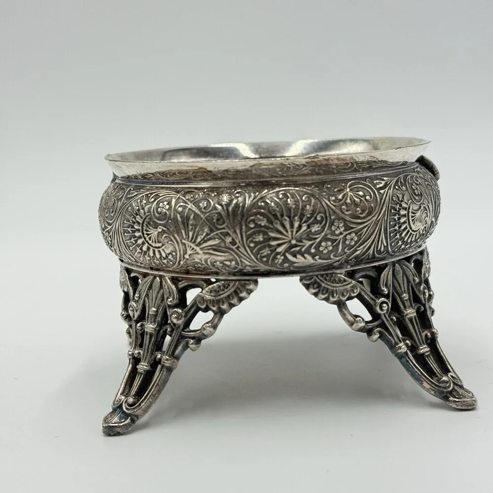 Antique Racine.SP. CO Silver Plate Salt Cellar Ornate Four Legs Rare 2.3”x 3.3”